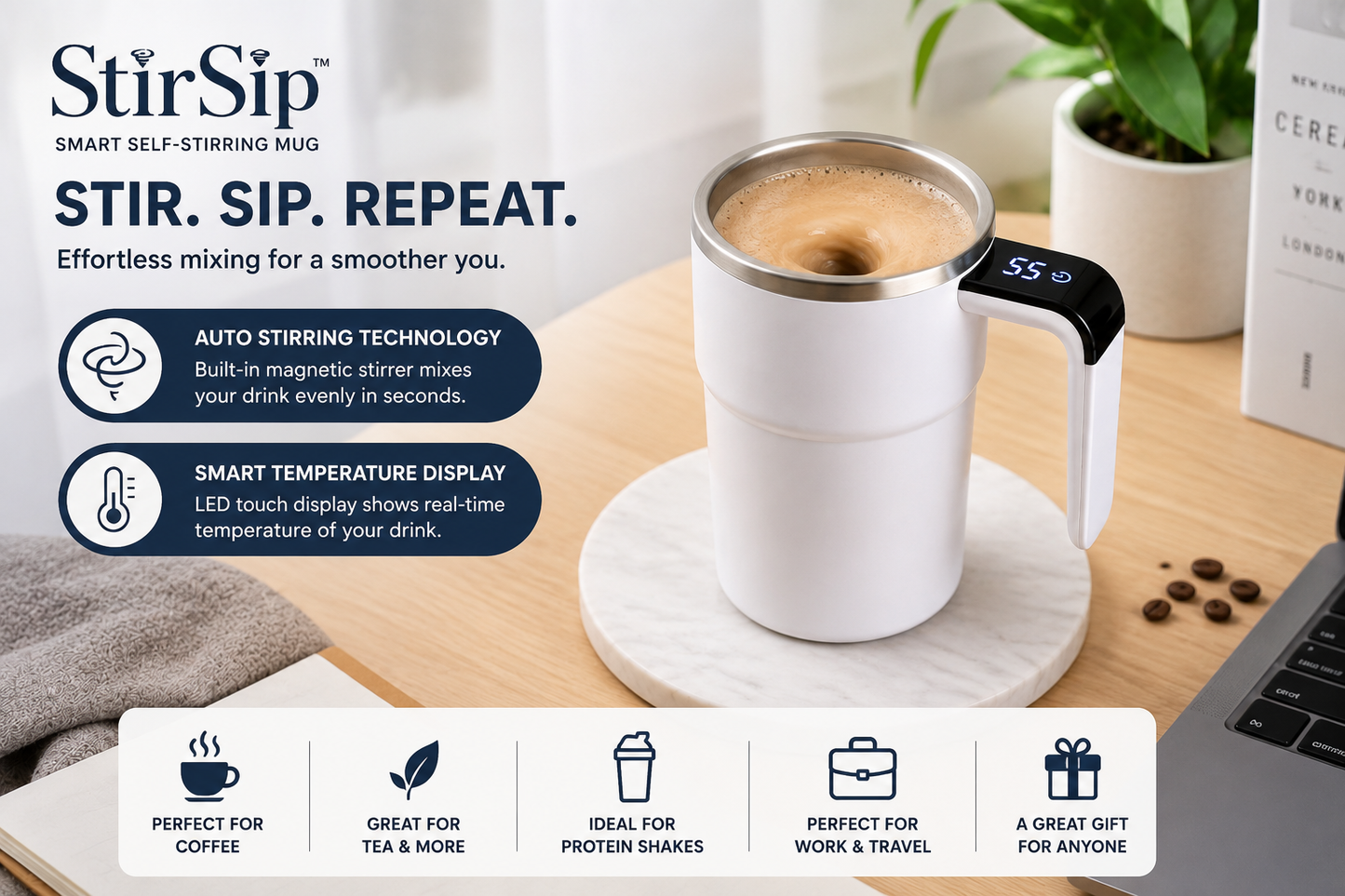 StirSip™ Smart Self-Stirring Mug with LED Temperature Display