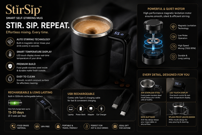 StirSip™ Smart Self-Stirring Mug with LED Temperature Display