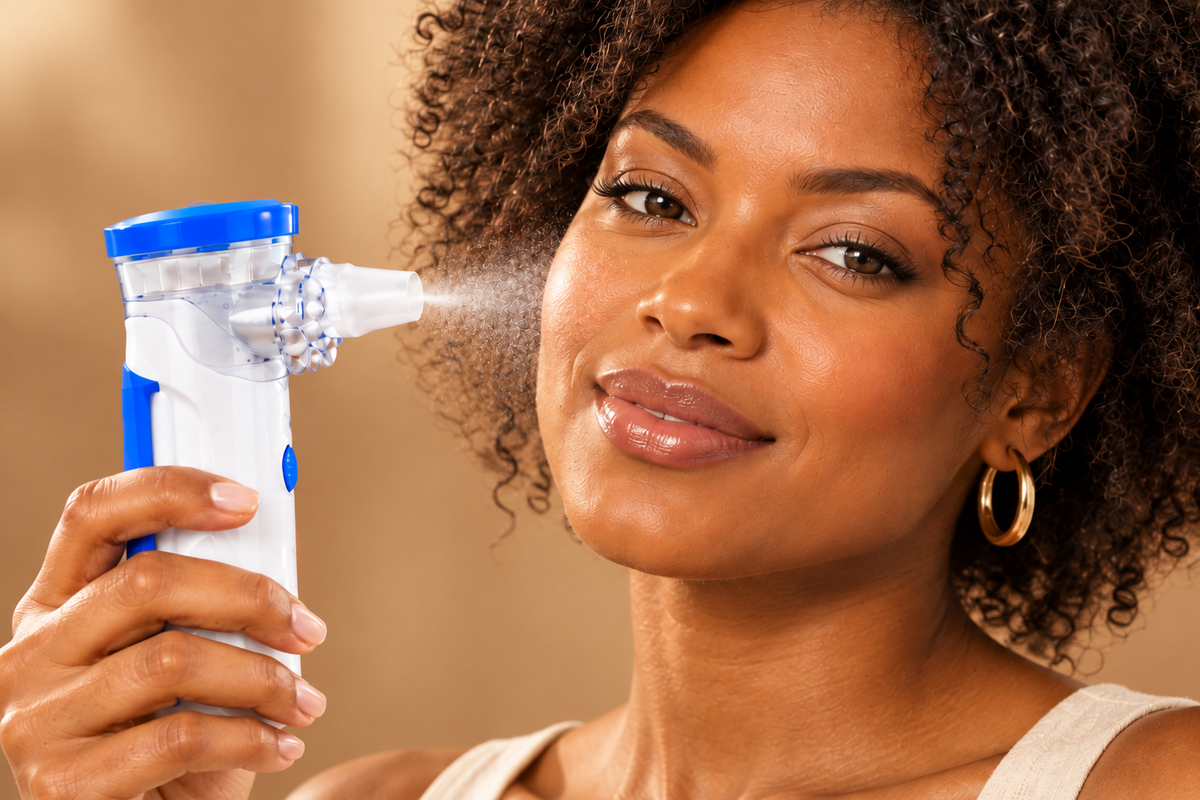 Close-up of the product held beside the model’s face