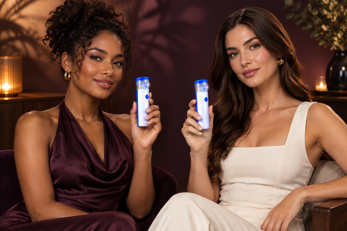 Two models displaying the product in a luxury spa setting